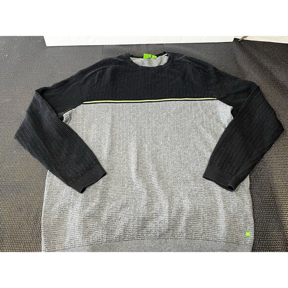 Hugo Boss Sweatshirt Mens 2XL Black Gray Striped Knit Crew‎ Neck Cotton Pullover - Picture 1 of 6